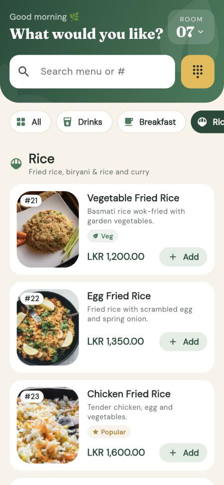 The menu for Room 07 with photos of rice dishes and prices