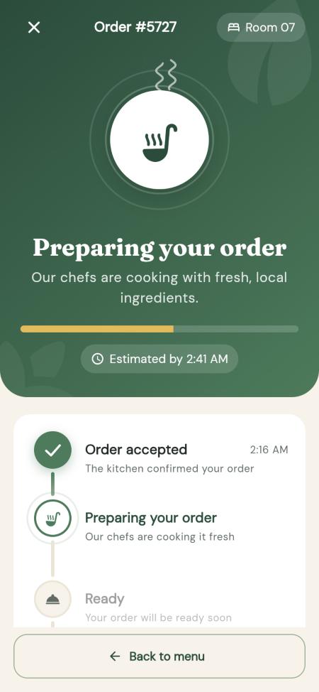 Live order screen showing the order accepted and being prepared